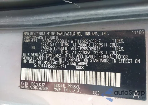 2006 Toyota Tundra Sr5 V8 из США, поврежденный, VIN 5TBDT44156S552174